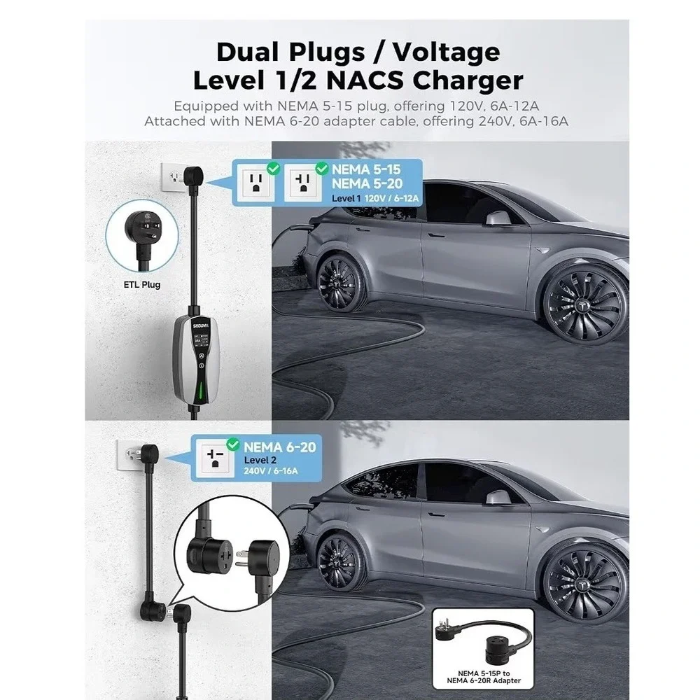 Level 1/2 Tesla‎ Charger, ETL/CSA Certified, Adjustable 6-16A, 25ft Extension
